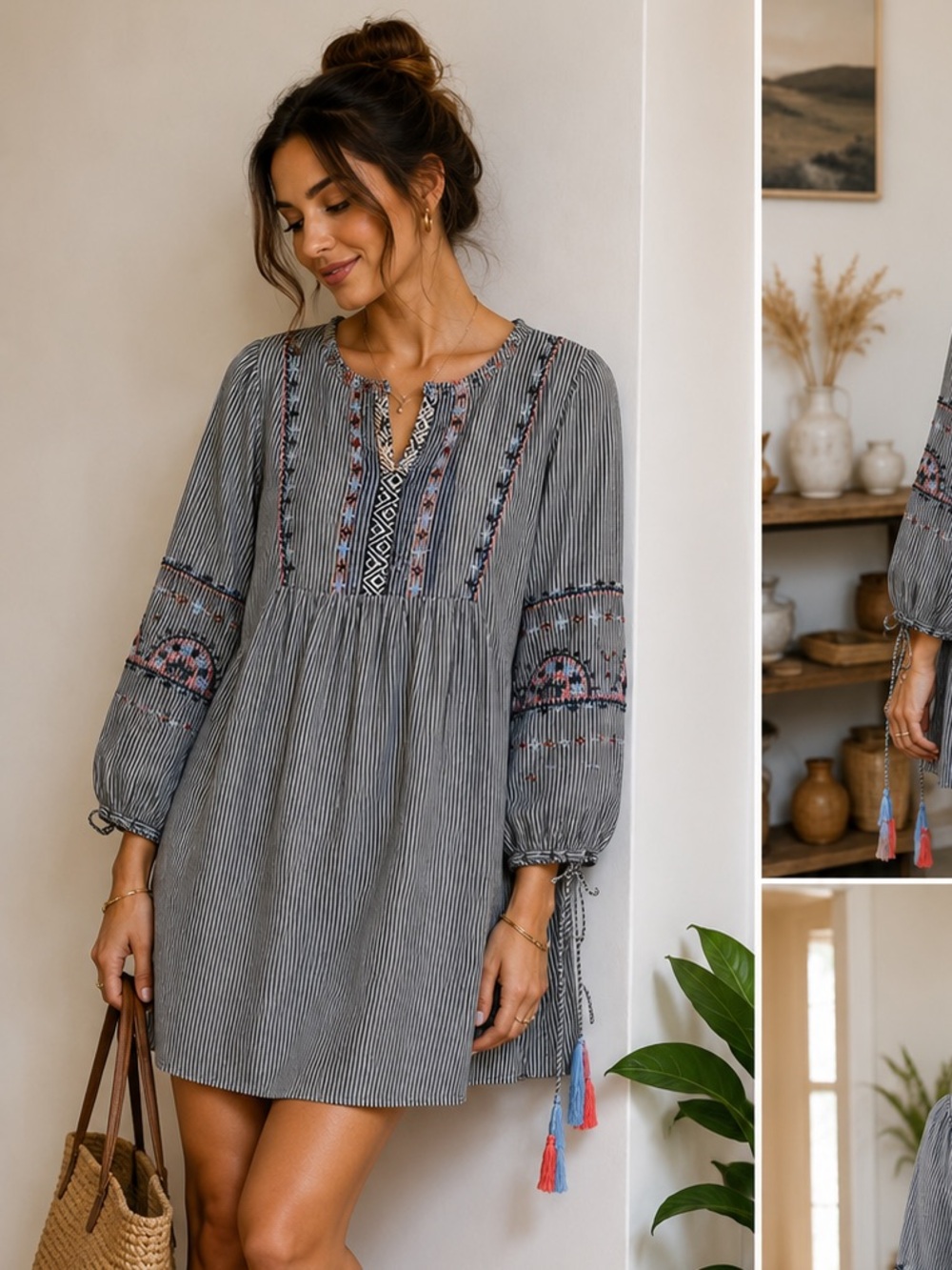 Sugarlips Blue & White Striped Embroidered Tunic • Boho Tassel Detail